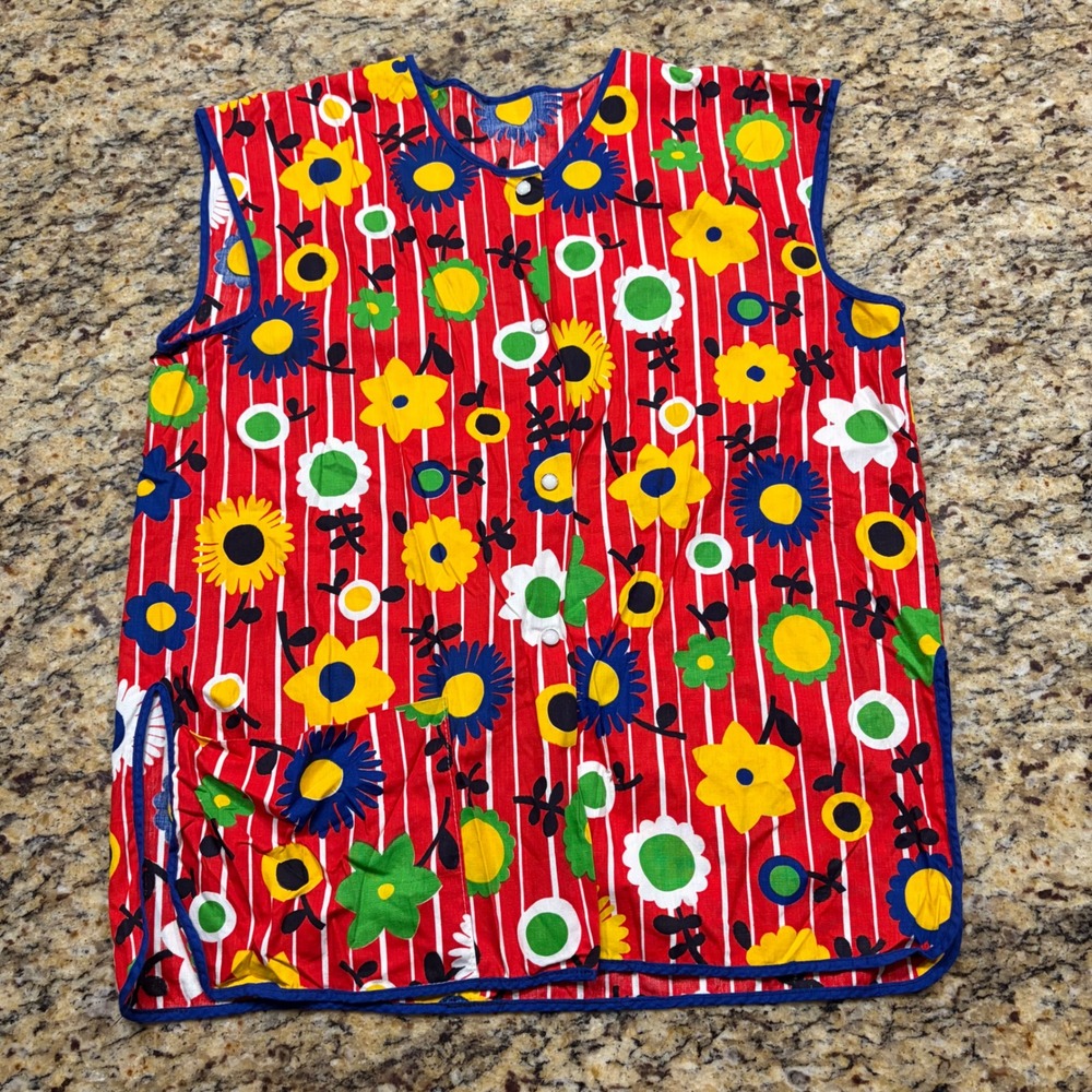 Vintage Floral Snap Front Apron Vest Red Striped Sunflower Smock Sleeveless Top